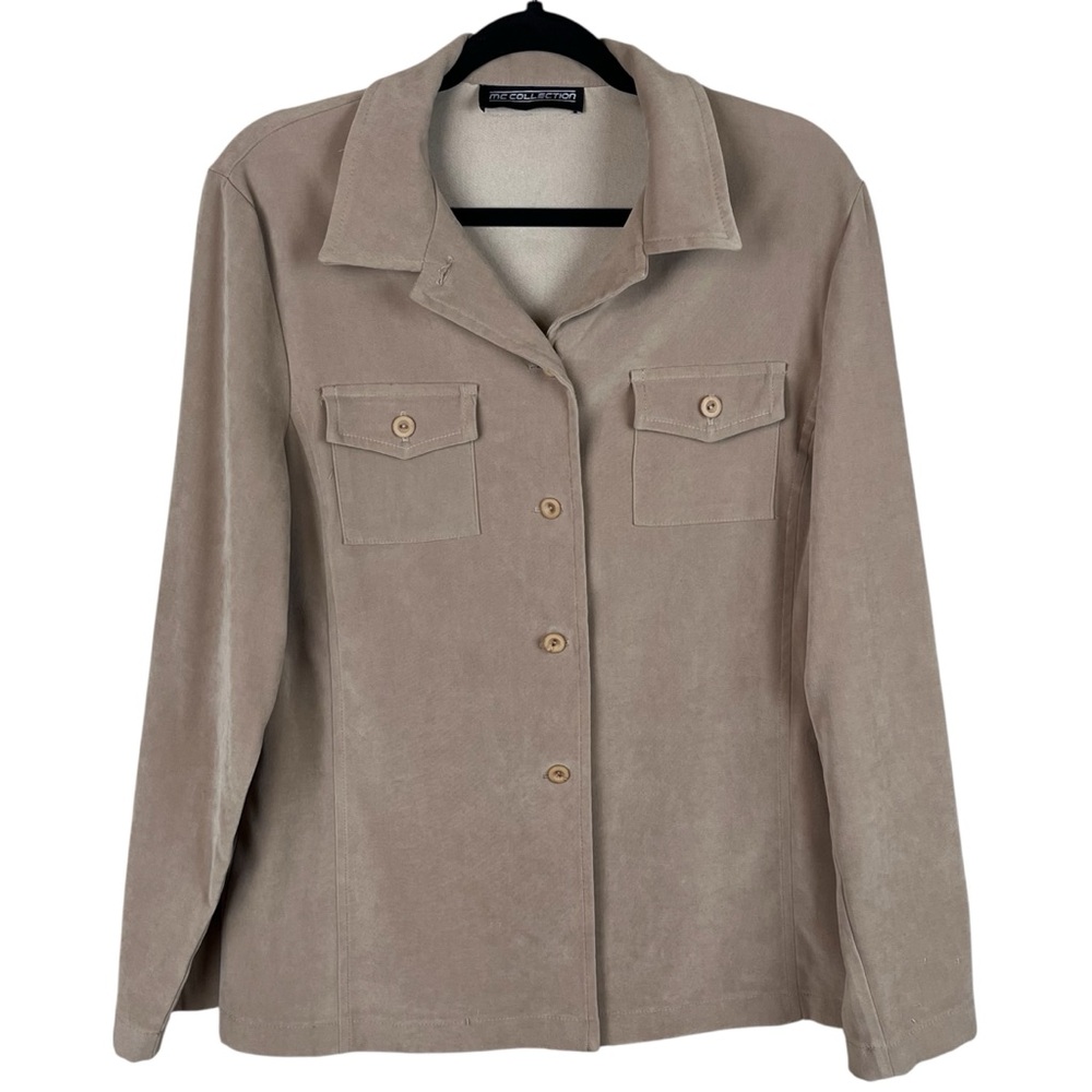 Vintage Polyester Faux Suede Button-Up Shirt Jacket in TAN / Shacket Sz 11